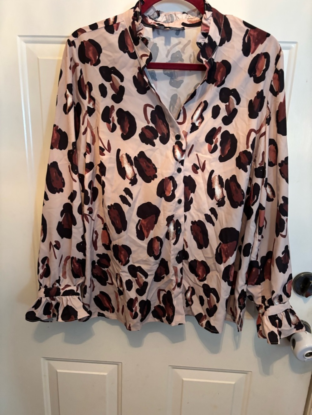 Eloquii Pink Satin Leopard-Print Button Front Blouse